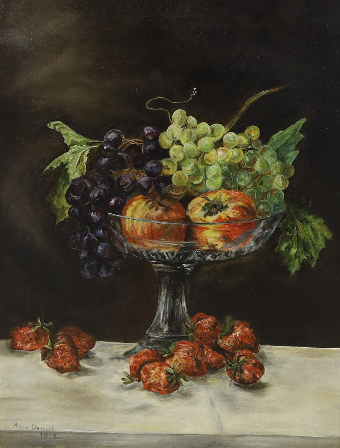 Alice Daniel, pair of oils on canvas, Still lifes of fruit, signed and dated 1912, 60 x 45cm